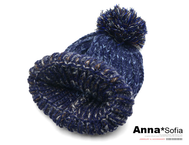 AnnaSofia 布標混色織款 大球球毛線帽(深藍系)
