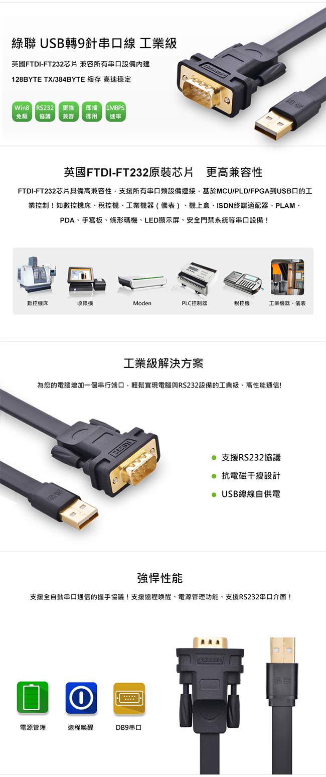 綠聯 FTDI工業級晶片USB to RS-232訊號轉換器 2M