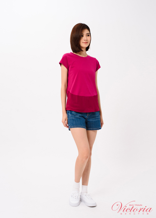 Victoria 下襬圓弧袖異材質拼接短袖T-女-深紫紅
