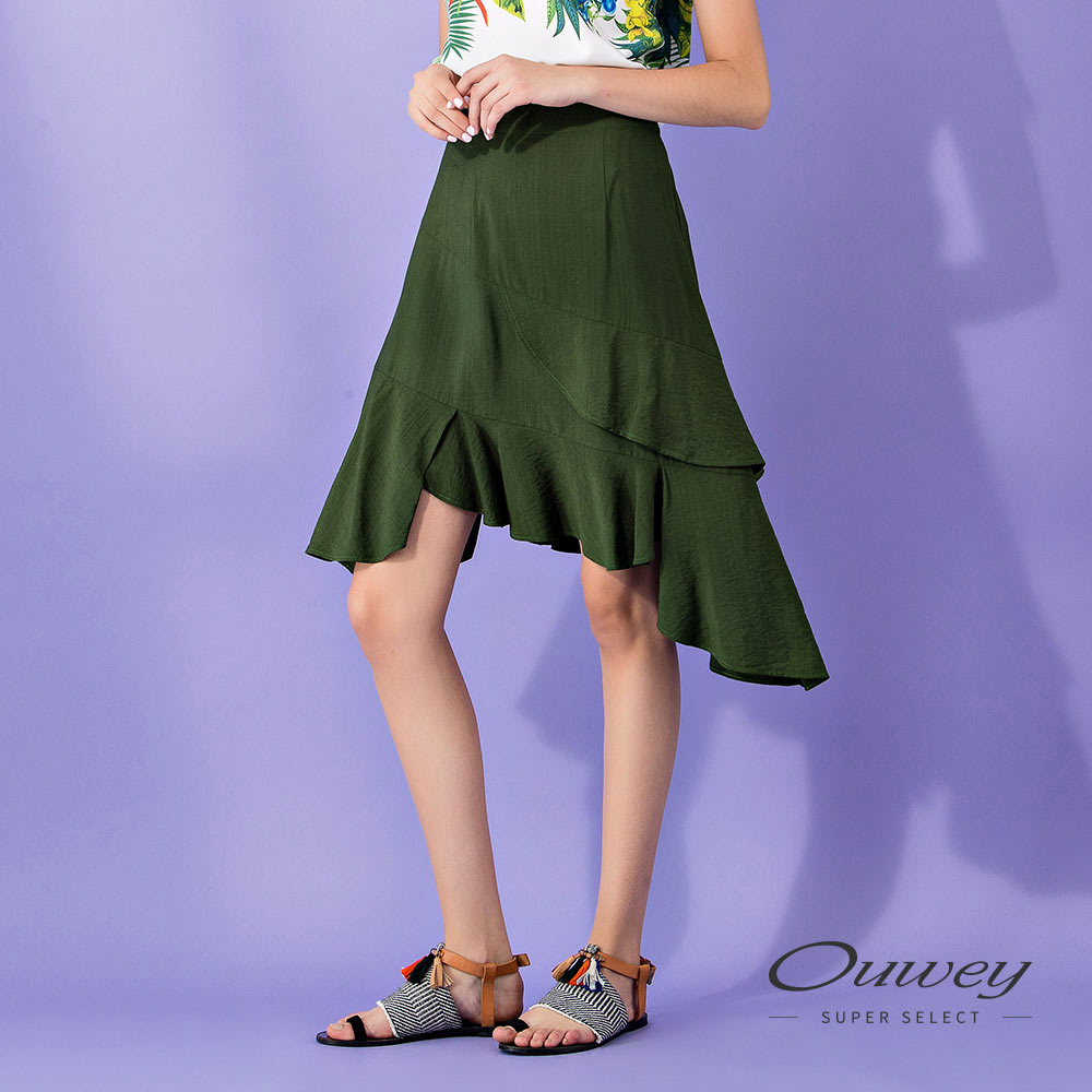 OUWEY歐薇 輕薄層次剪裁不規則荷葉裙(綠)