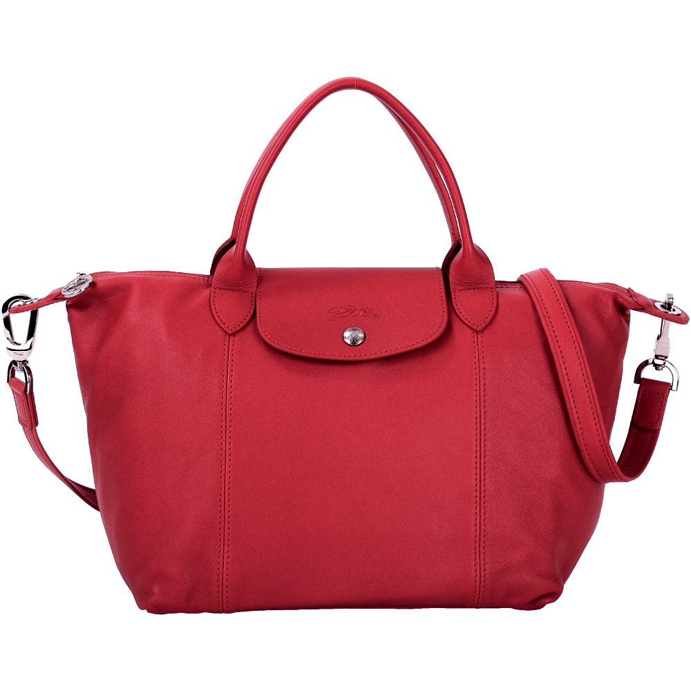 LONGCHAMP Le pliage Cuir 櫻桃紅短把皮革摺疊兩用包-小(展示品)