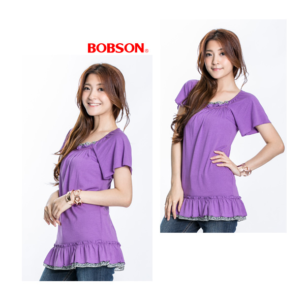 BOBSON 女款抽荷葉短袖長版上衣(紫61)