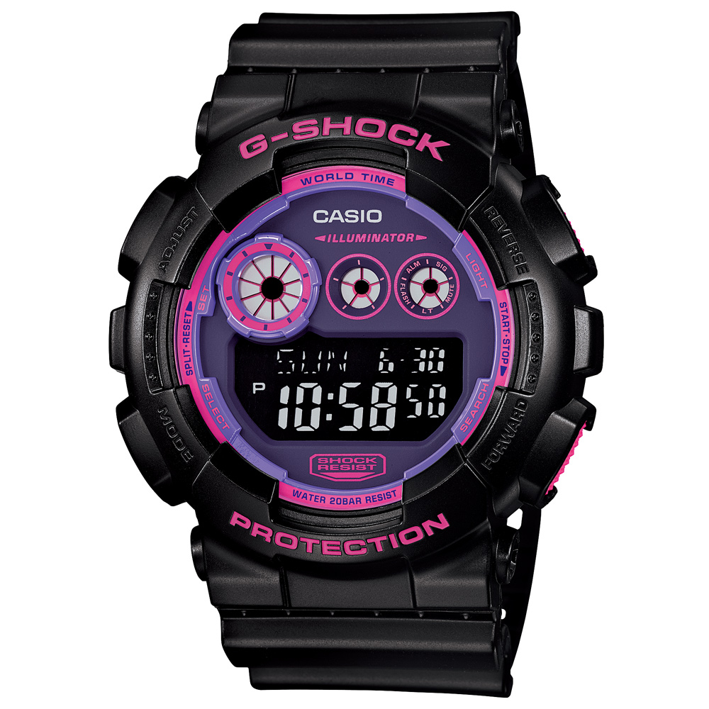 G-SHOCK酷炫黑夜螢光魅力潮流休閒錶-螢光紫/51.2mm