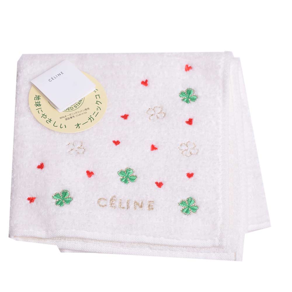 CELINE 經典幸運草刺繡字母LOGO圖騰小方巾(白色系)