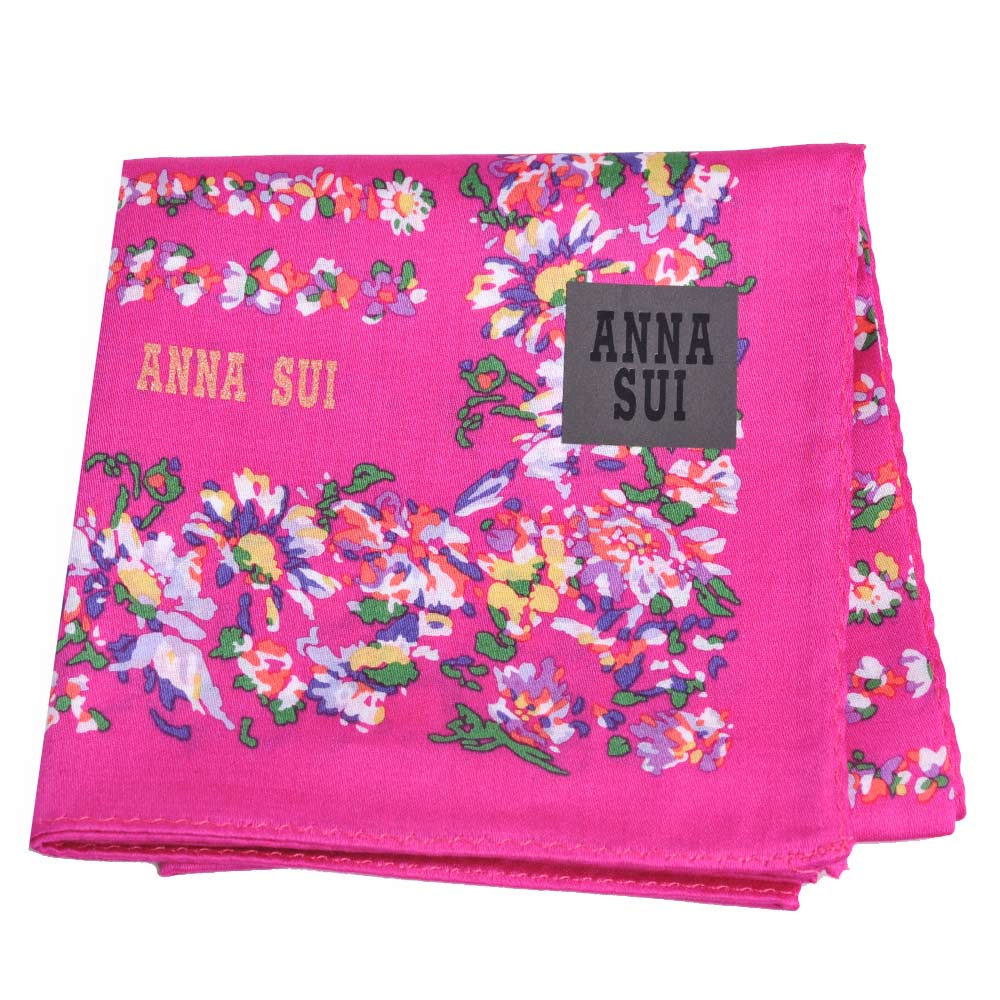 ANNA SUI 繽紛幾何花朵字母圖騰金色LOGO帕領巾(桃紅底)