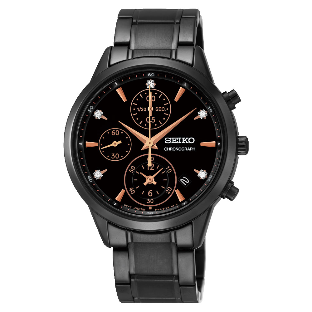 SEIKO CS 甜蜜時光晶鑽計時腕錶(SNDV77P1)-黑x玫瑰金時標/35mm