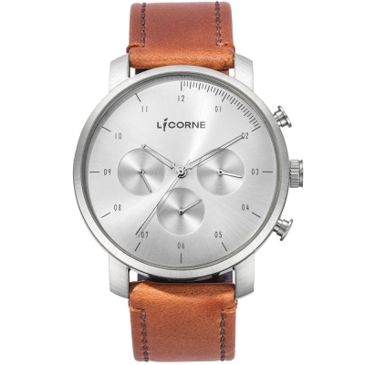 LICORNE MYO系列 精工品味三眼手錶-銀x棕色/45mm