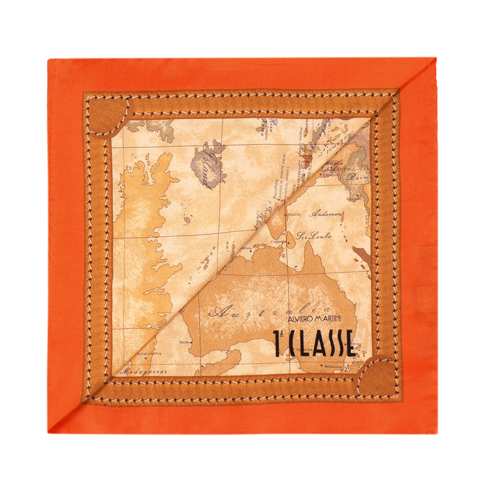 Alviero Martini 義大利地圖 經典地圖邊框配色方巾-橘(50X50)