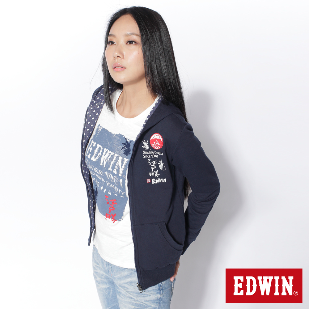 EDWIN 江戶勝限量 點點雙面穿連帽拉T-女款(丈青)