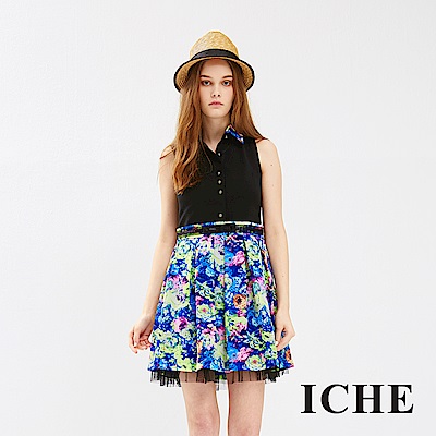 ICHE 衣哲 碎花蕾絲拼接無袖洋裝