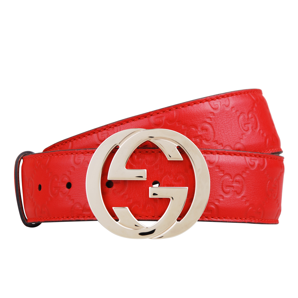 GUCCI 壓紋guccissima系列經典GG金屬LOGO皮帶(紅/85cm)