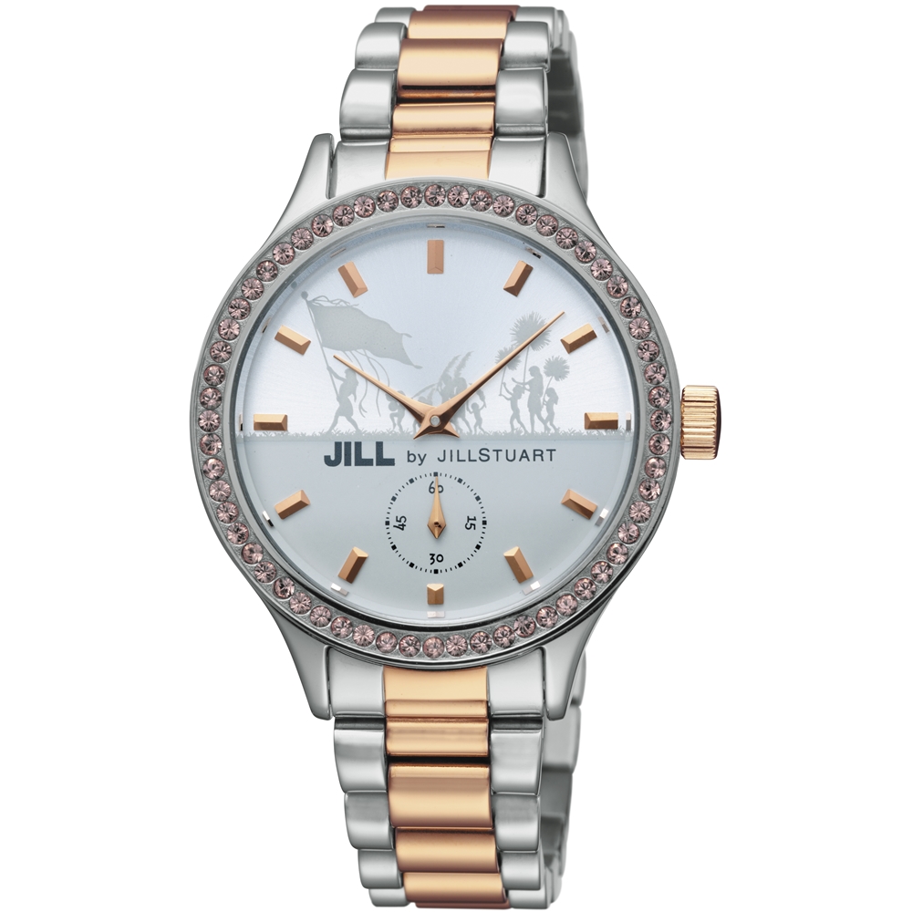 JILL STUART Big Leather系列晶鑽小秒針腕錶-銀白x玫瑰金/34mm