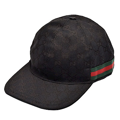 GUCCI 經典GG壓印帆布綠紅綠織帶飾邊棒球帽(黑)