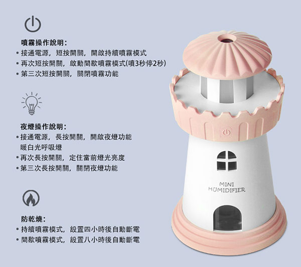 LED燈塔造型小夜燈 USB加濕器(持續噴霧/間歇噴霧)