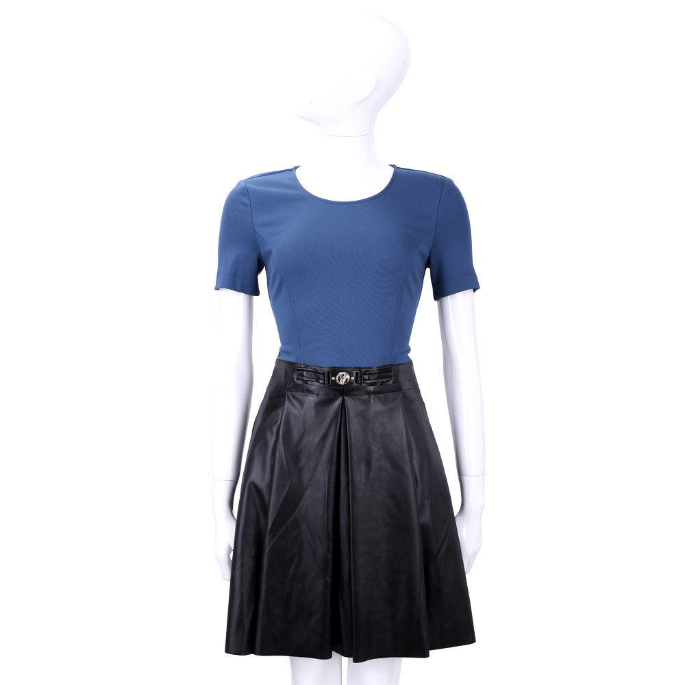 VERSACE 藍x黑色拼接仿皮褶裙短袖洋裝