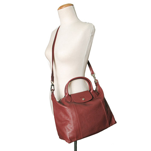 LONGCHAMP Le Pliage Cuir 小羊皮短把折疊小型水餃包(中/酒紅)