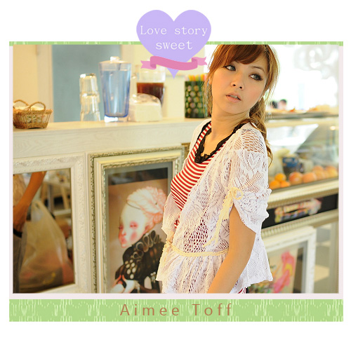 Aimee Toff 秀織漾花氣質開襟袖束罩衫(白)