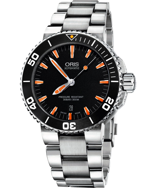 Oris Aquis 時間之海專業潛水機械腕錶-黑x橘時標/43mm