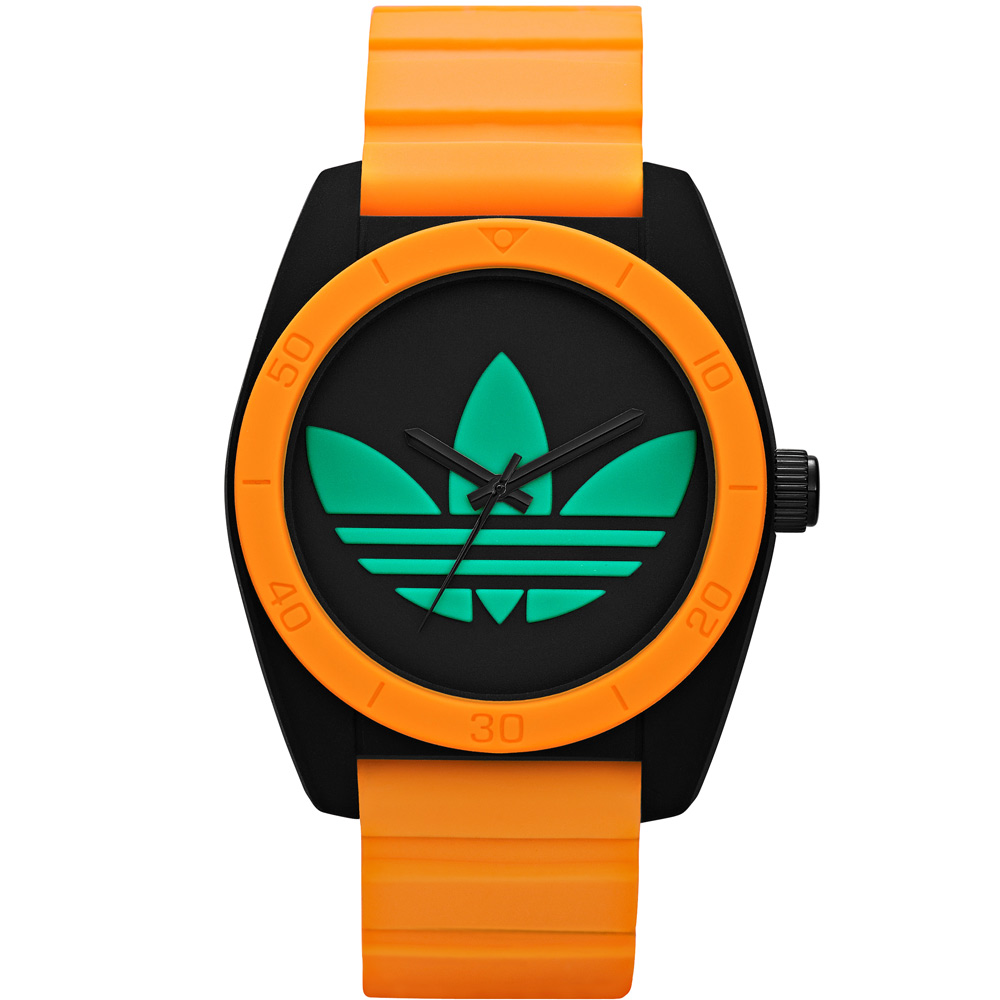 adidas 螢光狂潮 亮眼撞色三葉草矽膠腕錶-橘框x黑/40mm