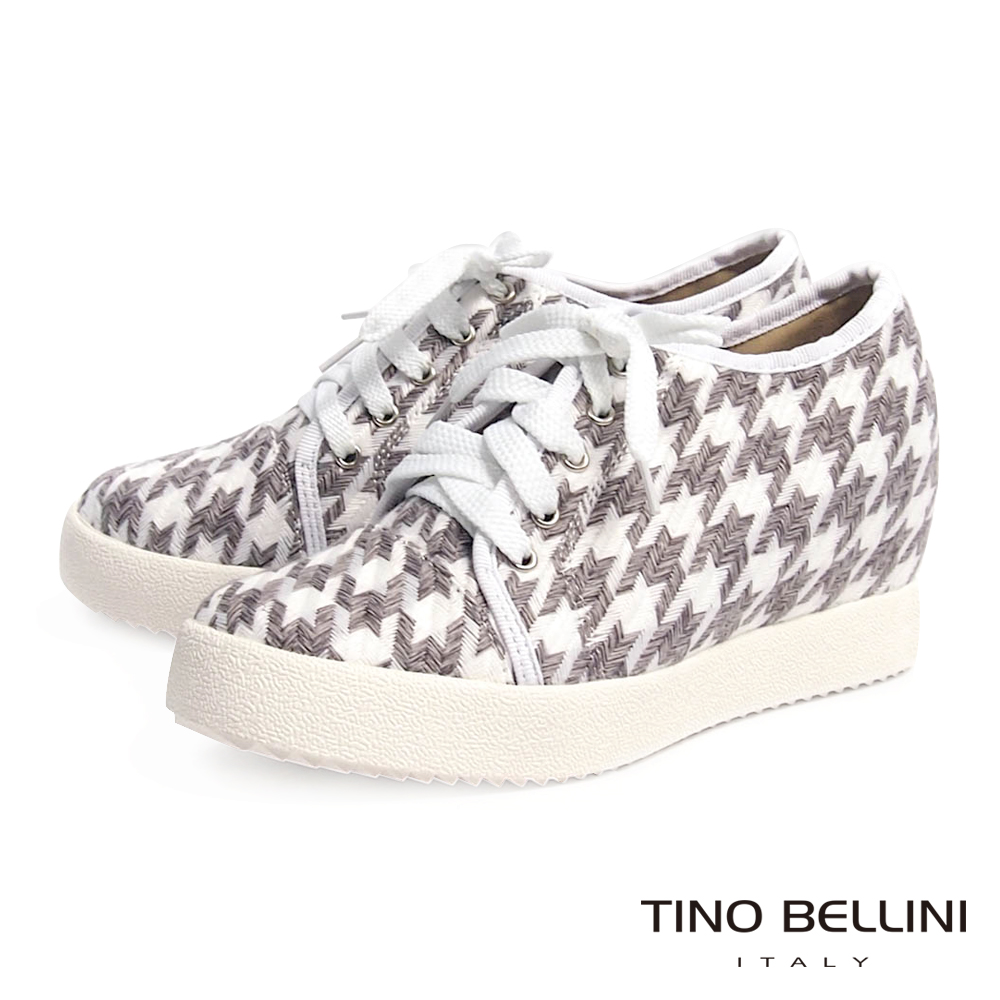 Tino Bellini 千鳥紋幾何造型內增高綁帶休閒鞋_千鳥紋