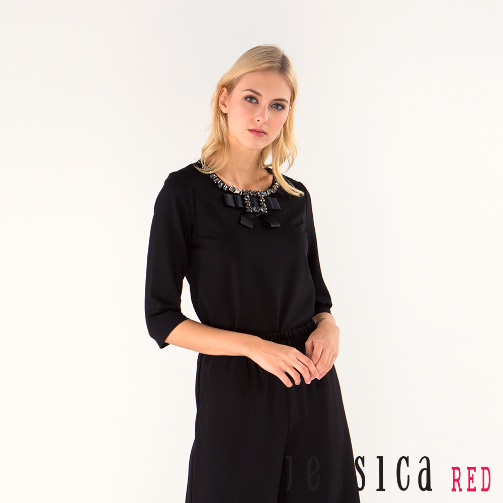 JESSICA RED - 玩味時尚鑽飾蝴蝶結造型上衣（黑）