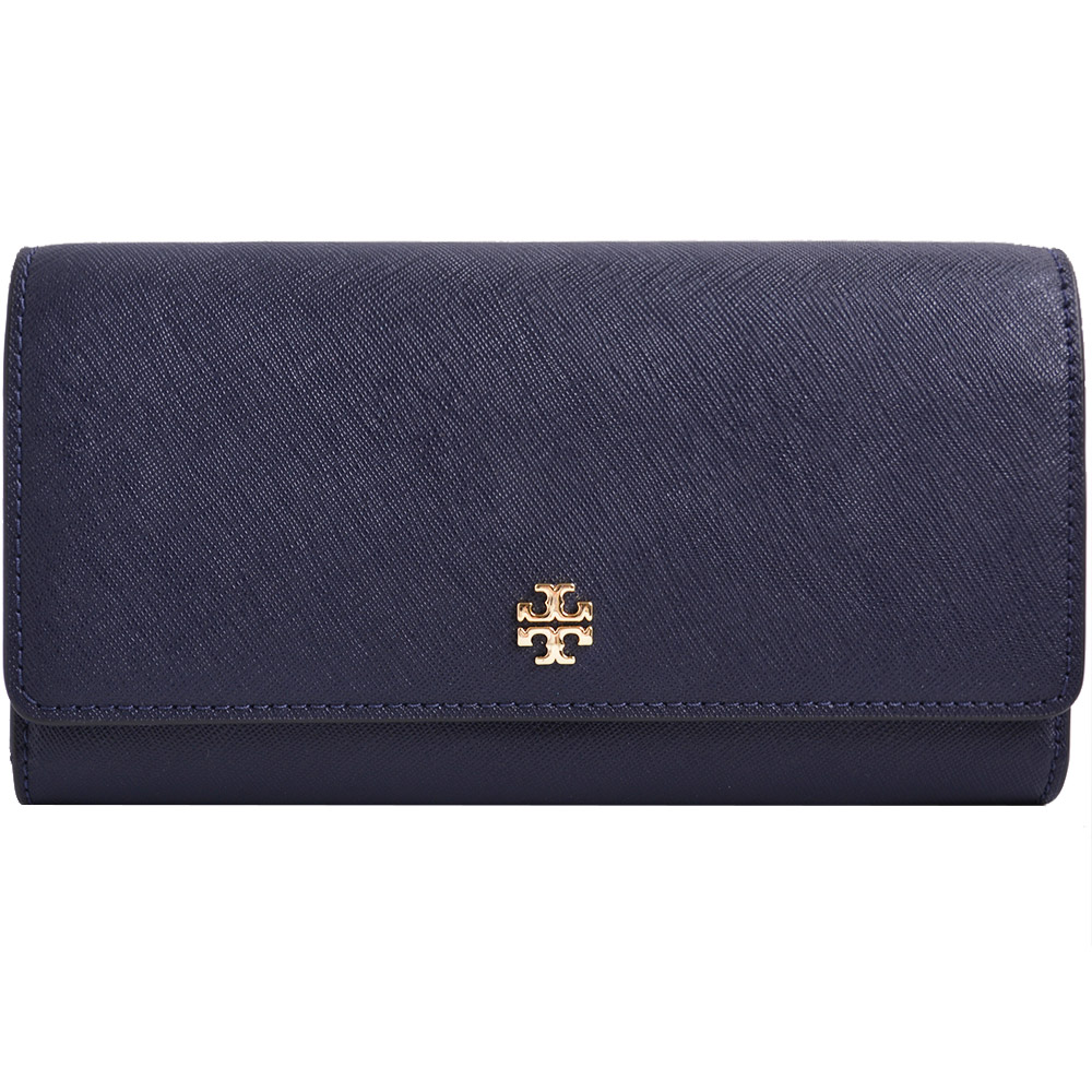 TORY BURCH EMERSON 經典立體LOGO全皮革防刮拉掀蓋長夾-藏藍色