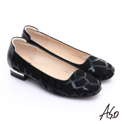 A.S.O 3E舒活寬楦 全真皮配色動物紋低跟鞋 黑