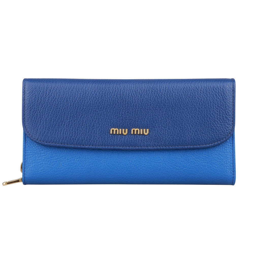 MIU MIU 雙色金字LOGO山羊皮釦式長夾(藍/深藍)