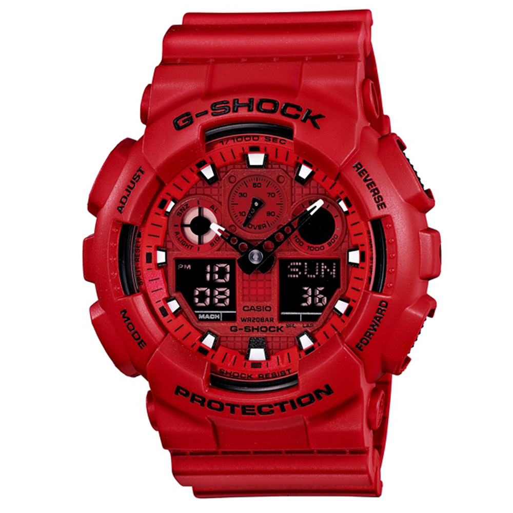 G-SHOCK 搶眼跳色重型機械感Man抗磁運動錶-紅x黑/52mm