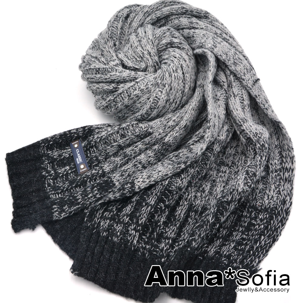 AnnaSofia 漸層混色織飾牌 毛線織披肩圍巾(灰黑系)