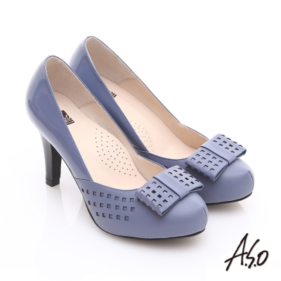 A.S.O 優雅時尚 真皮幾何沖孔蝴蝶結飾高跟鞋 藍