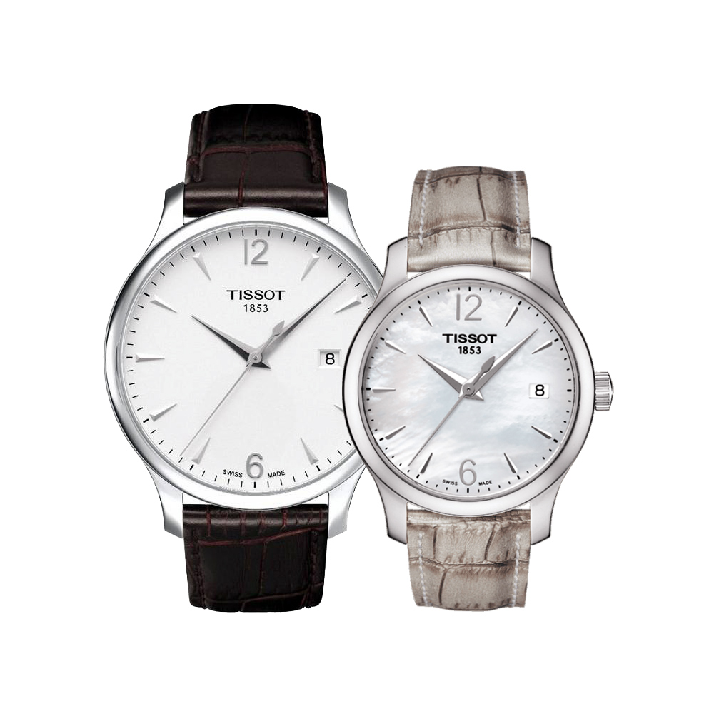 TISSOT 天梭 官方授權 Tradition 大三針石英對錶-42+33mm