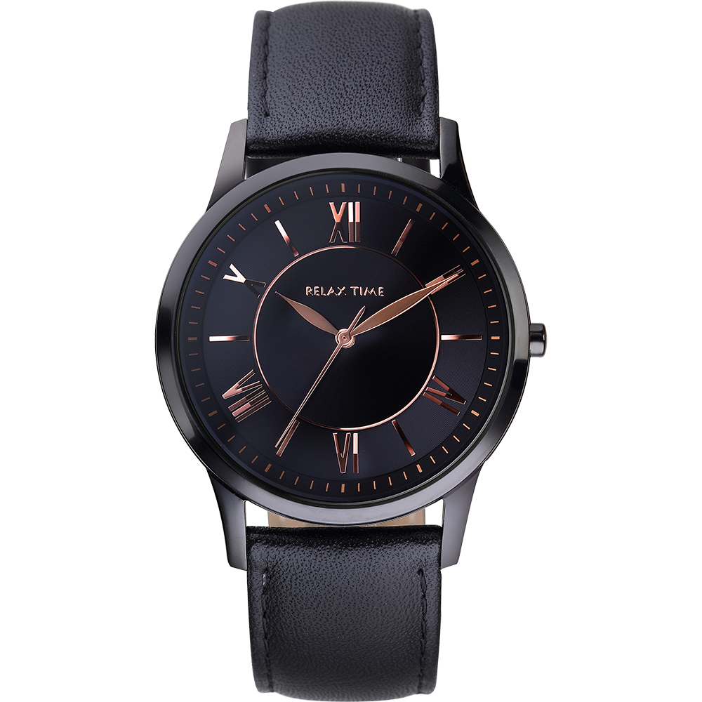 RELAX TIME RT58 經典學院風格腕錶-黑x玫瑰金時標/36mm