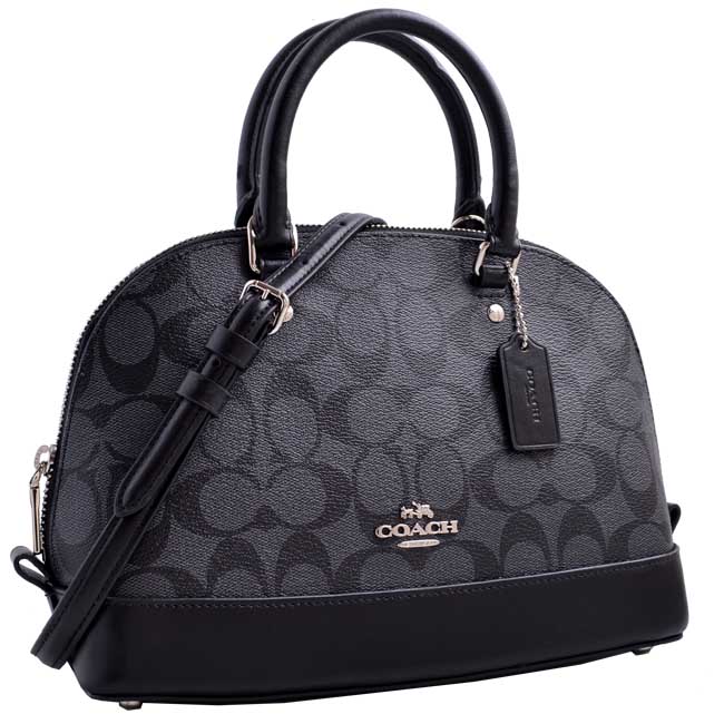 COACH 立體馬車LOGO滿版C防刮皮革手提/斜背兩用貝殼包-灰黑/小