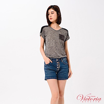 Victoria 異材質拼接落肩短袖T-女-深灰