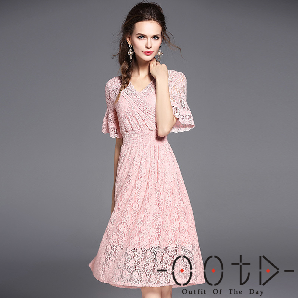 蕾絲V領鬆緊高腰洋裝 (粉紅色)-OOTD