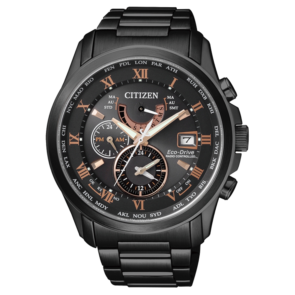 CITIZEN 星辰黑金霸氣五局電波錶(AT9085-53E)-黑x玫瑰金/43mm