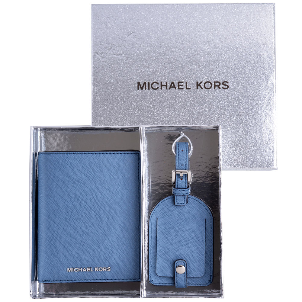 MICHAEL KORS Jet Set Trav防刮皮革護照夾+行李吊牌旅行禮盒組-灰藍