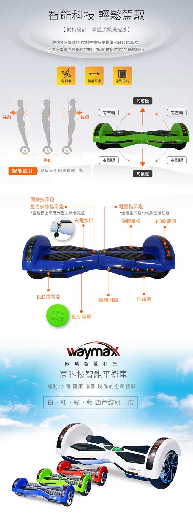 Waymax威瑪 高科技智能平衡車 藍/綠/紅/白 (四色可選)