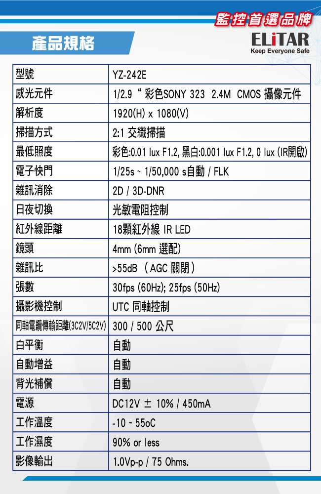 Elitar 2百萬定焦室內專用1080P攝影機