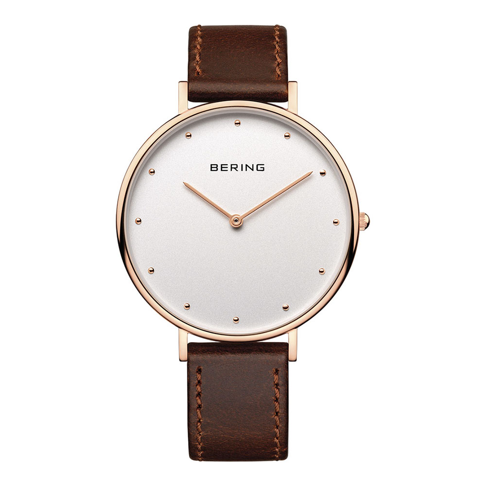 BERING-簡約刻度系列 藍寶石鏡面 棕色真皮白錶盤玫瑰金框39mm