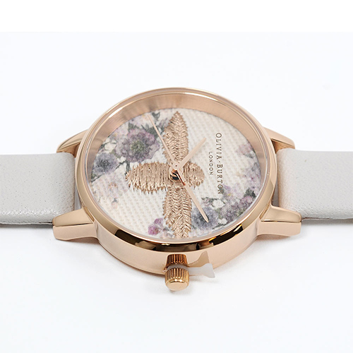 Olivia Burton 英倫復古手錶 蜜蜂花卉刺繡 灰色真皮錶帶 玫瑰金框30mm