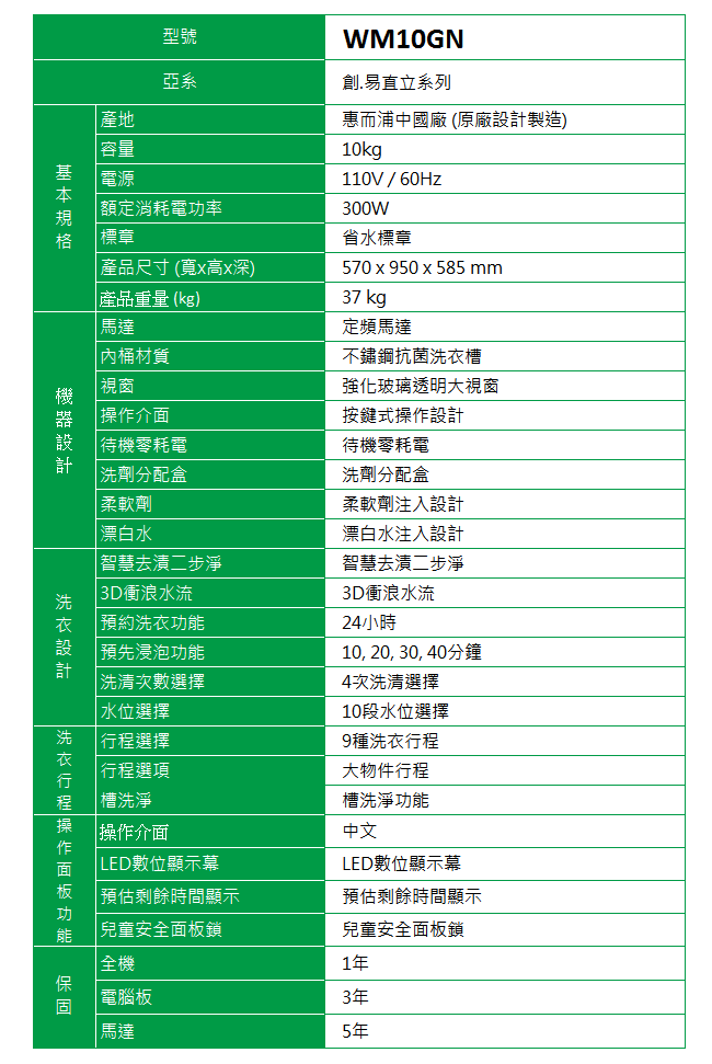 Whirlpool惠而浦 10KG 定頻直立式洗衣機 WM10GN 展碁代理