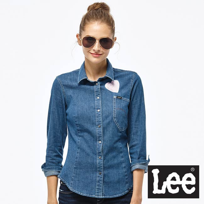 Lee 牛仔長袖襯衫-女款-藍