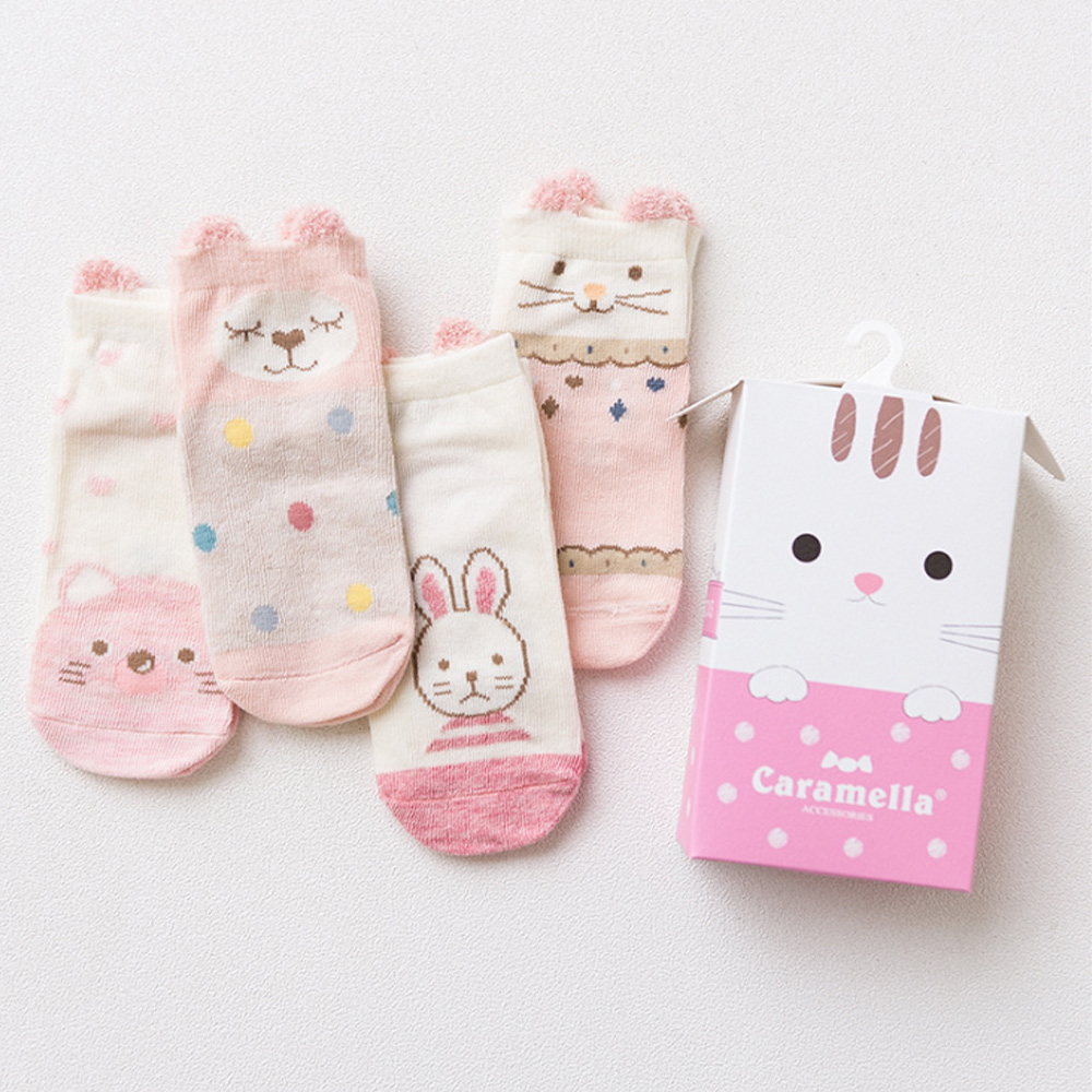 春夏兒童襪 日系可愛卡通粉色小貓短版兒童女襪Q盒裝(4入組)