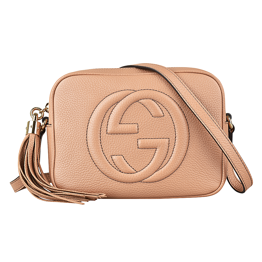 GUCCI SOHO系列浮雕雙G LOGO 牛皮流蘇拉鍊斜背包(駝色/小)