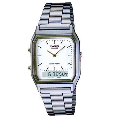 CASIO 銀色時尚復古雙顯指針錶-白/29.5mm