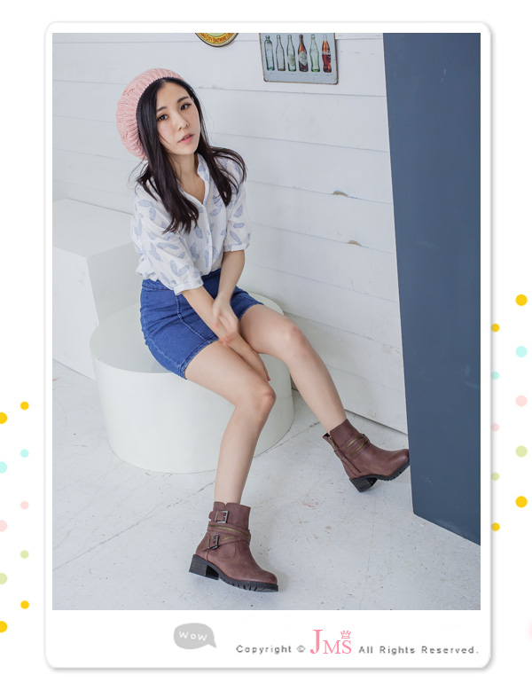 JMS-帥氣造型鍊飾雙帶交叉扣環短靴-咖啡色