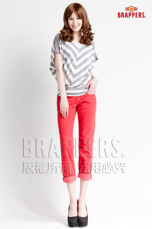 BRAPPERS BoyFriendJeans系列-女款3D八分條絨反摺褲-橘紅