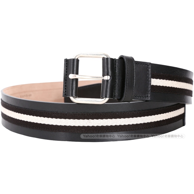 BALLY TIANIS 方框釦頭黑白條紋織帶牛皮腰帶(黑色)